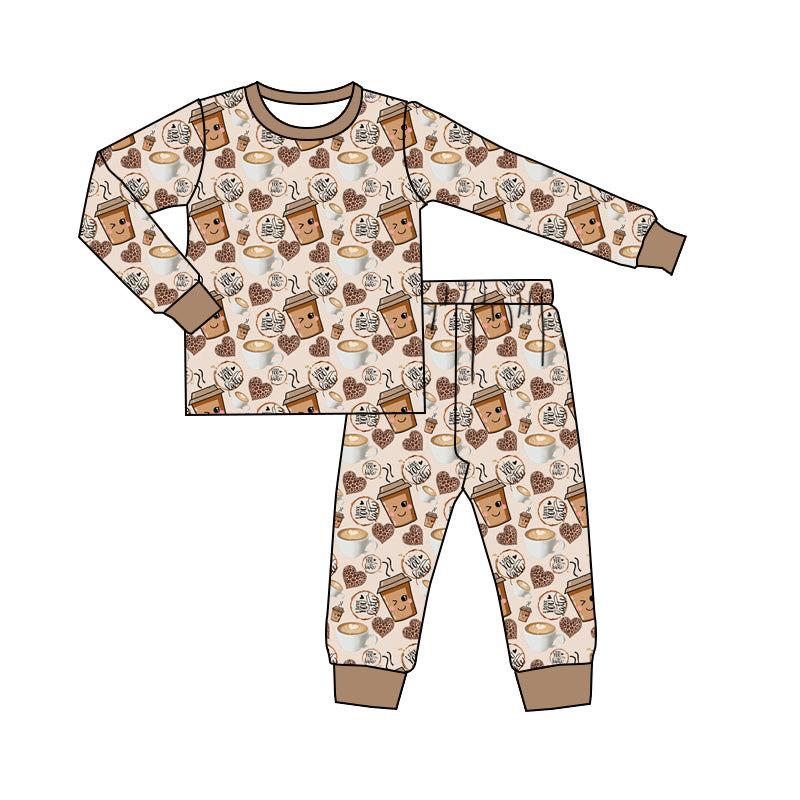 (Custom Design Preorder MOQ 5) Coffee Leopard Heart Print Girls Valentine's Day Pajamas Bamboo Clothes Set