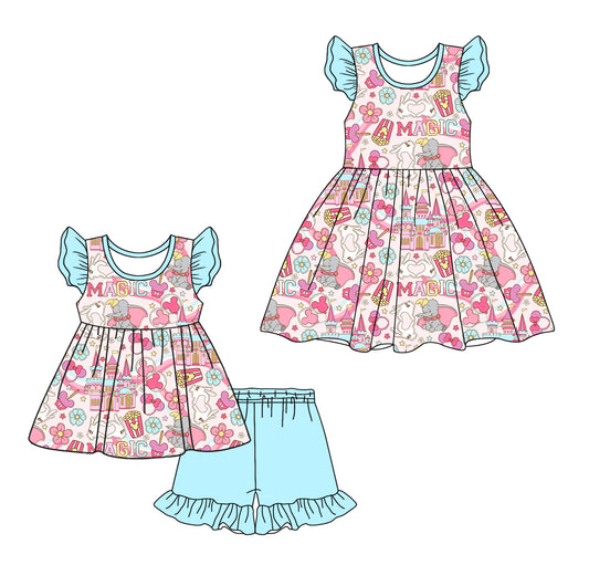 12.9(Custom Design Preorder MOQ 5 Each Design) MAGIC Cartoon Flowers Print Girls Summer Matching Clothes Sisters Wear