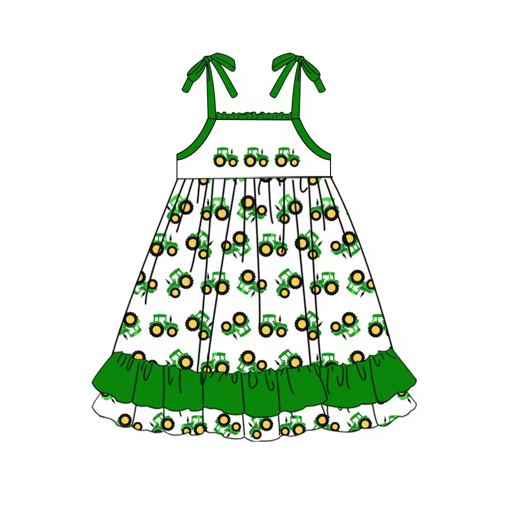 (Custom Design Preorder MOQ 5)  Tractor Green Print Girls Knee Length Summer Dress