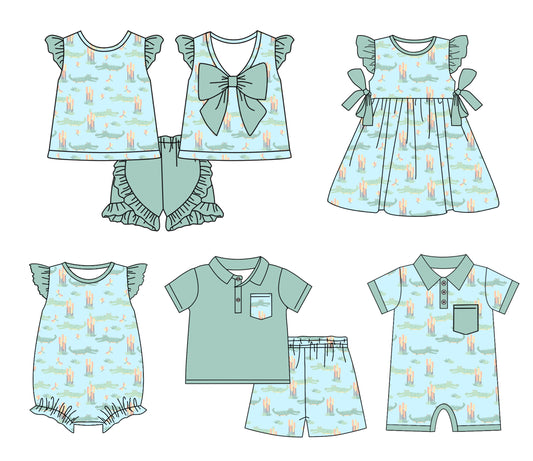 11.18(Custom Design Preorder MOQ 5 Each Design) Crocodile Print Kids Summer Matching Clothes Sibling Wear