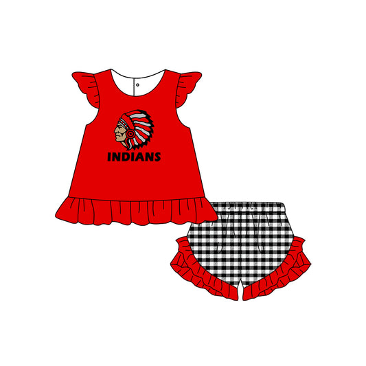 (Custom Design Preorder MOQ 5) Team's INDIANS Red Top Plaid Shorts Girls Summer Clothes Set