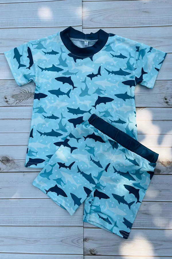 (Custom Design Preorder MOQ 5) Shark Blue Print Kids Summer Pajamas Clothes Set