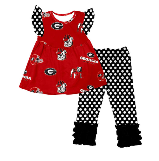 (Custom Design Preorder MOQ 5)  Team's Dog GEORGIA Print Top Black Dots Pants Girls Clothes Set