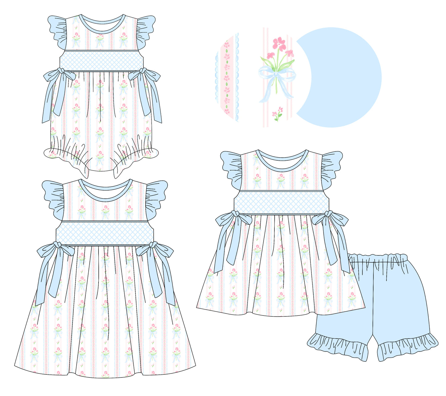 3.8(Custom Design Preorder MOQ 5 Each Design) Flowers Blue Print Girls Summer Matching Clothes Sisters Wear