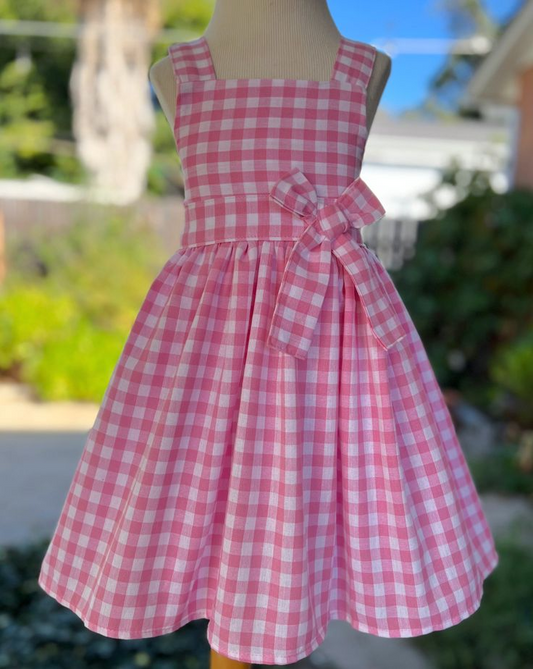 (Custom Design Preorder MOQ 5) Pink Plaid Print Girls Knee Length Summer Dress