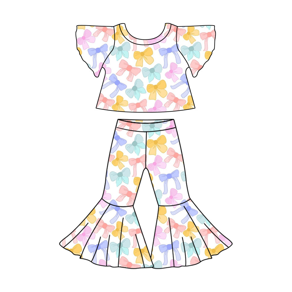 (Custom Design Preorder MOQ 5)  Colorful Bows Print Girls Clothes Set