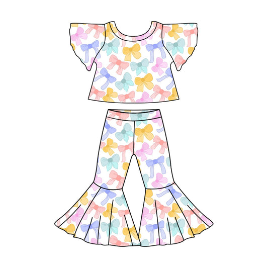 (Custom Design Preorder MOQ 5)  Colorful Bows Print Girls Clothes Set