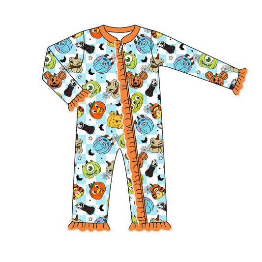 (Custom Design Preorder MOQ 5)  Cartoon Figure Pumpkin Print Baby Girls Bamboo Halloween Sleeper Zipper Romper