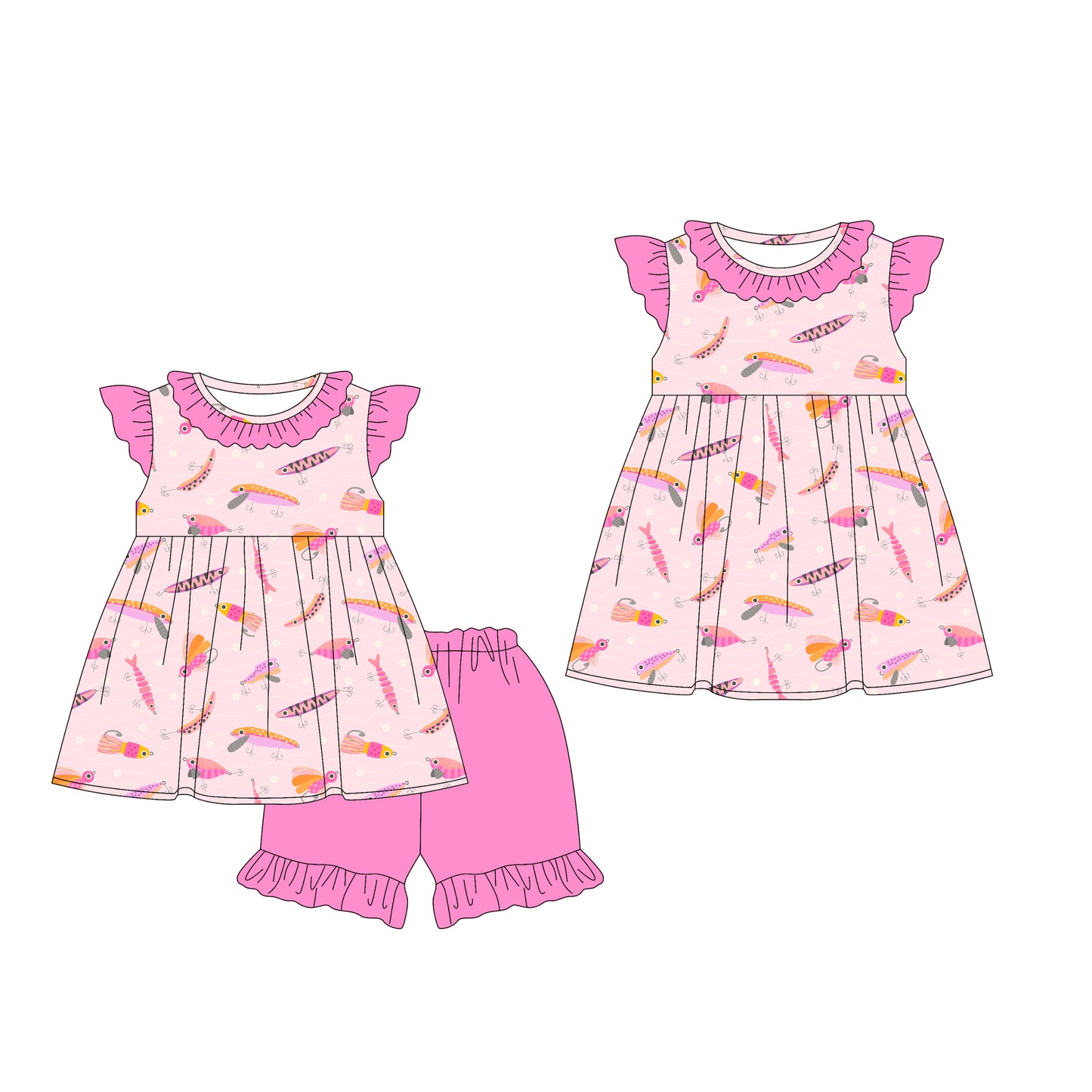 12.24 (Custom Design Preorder MOQ 5 Each Design) Fishhook Print Girls Summer Matching Clothes Sisters Wear