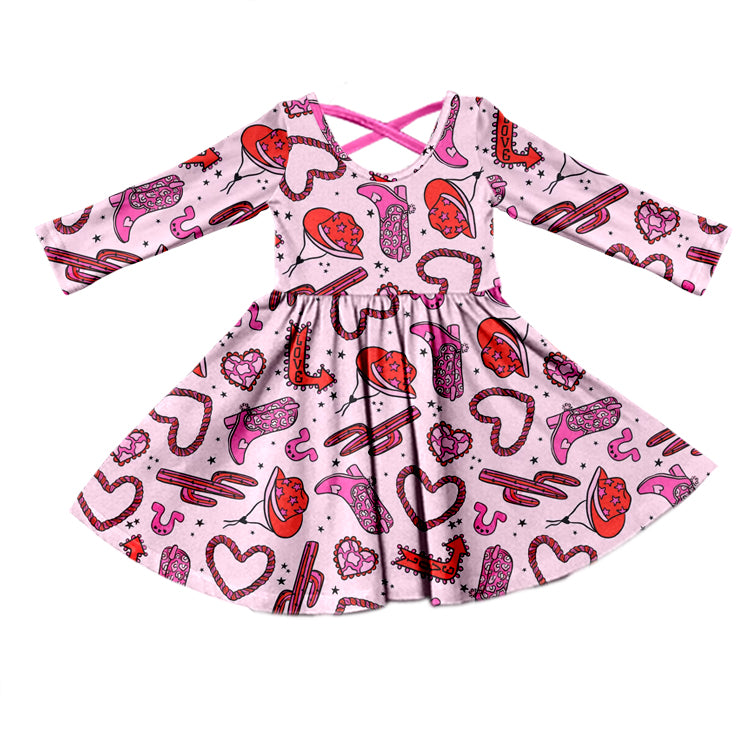 (Custom Design Preorder MOQ 5) Hat Boots Heart Print Girls Valentine's Knee Length Dress