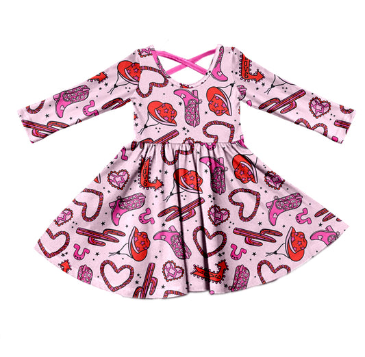 (Custom Design Preorder MOQ 5) Hat Boots Heart Print Girls Valentine's Knee Length Dress