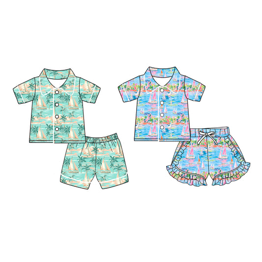 11.12(Custom Design Preorder MOQ 5 Each Design) Sailboat Print Kids Summer Matching Pajamas Clothes Sibling Wear