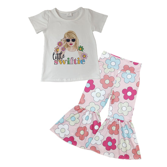 (Pre-order)GSPO1516 Singer Swiftie Flowers Print Top Bell Pants Girls Clothes Set