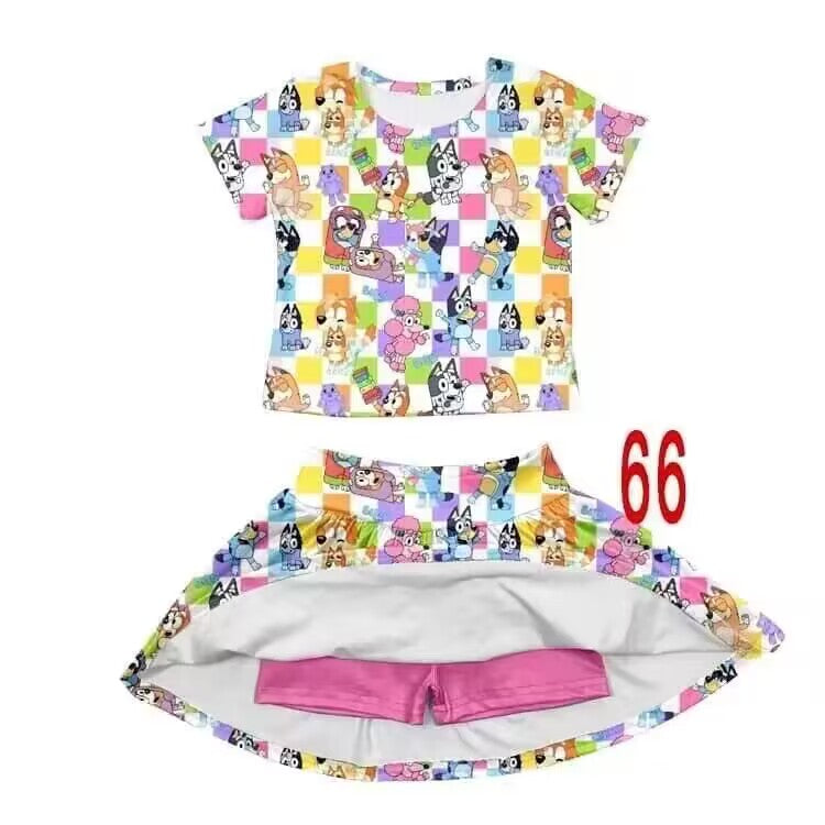 (Custom Design Preorder MOQ 5)  Cartoon Dog Print Skirts Shorts Girls Summer Clothes Set