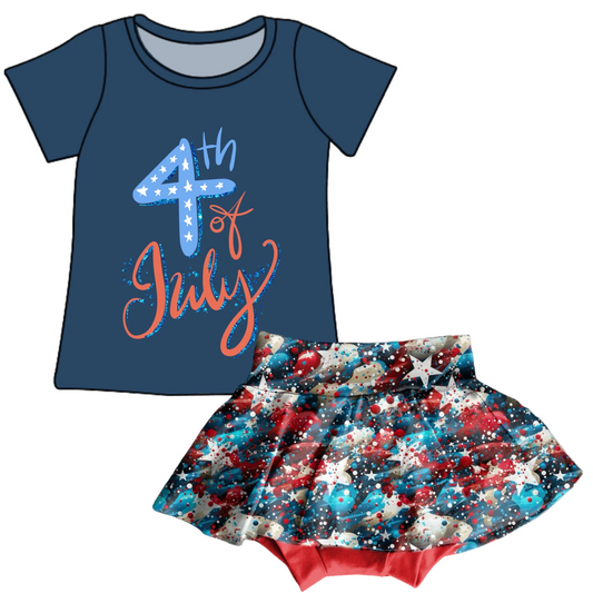 (Custom Design Preorder MOQ 5) 4th of July Top Stars Tie-dye Skirts Girls Clothes Set
