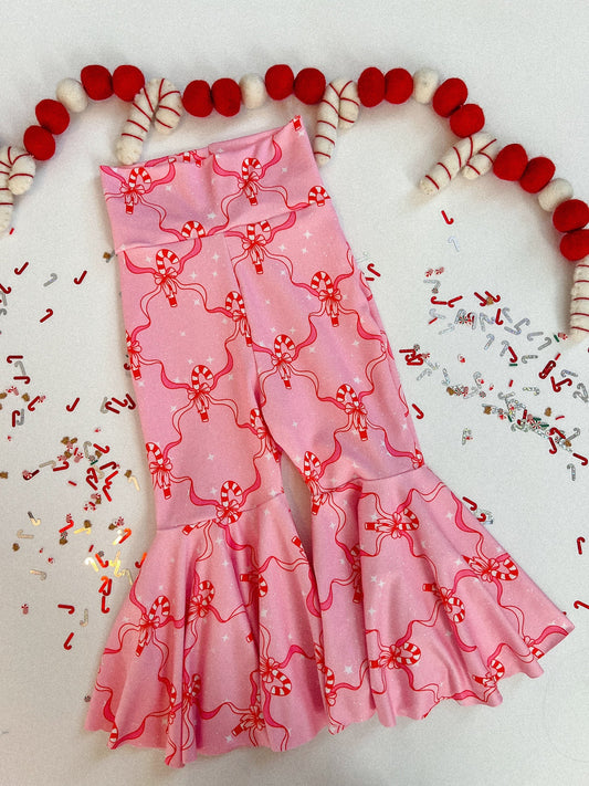 (Custom Design Preorder MOQ 5) Candy Cane Bows Print Girls Christmas Bell Bottom Pants