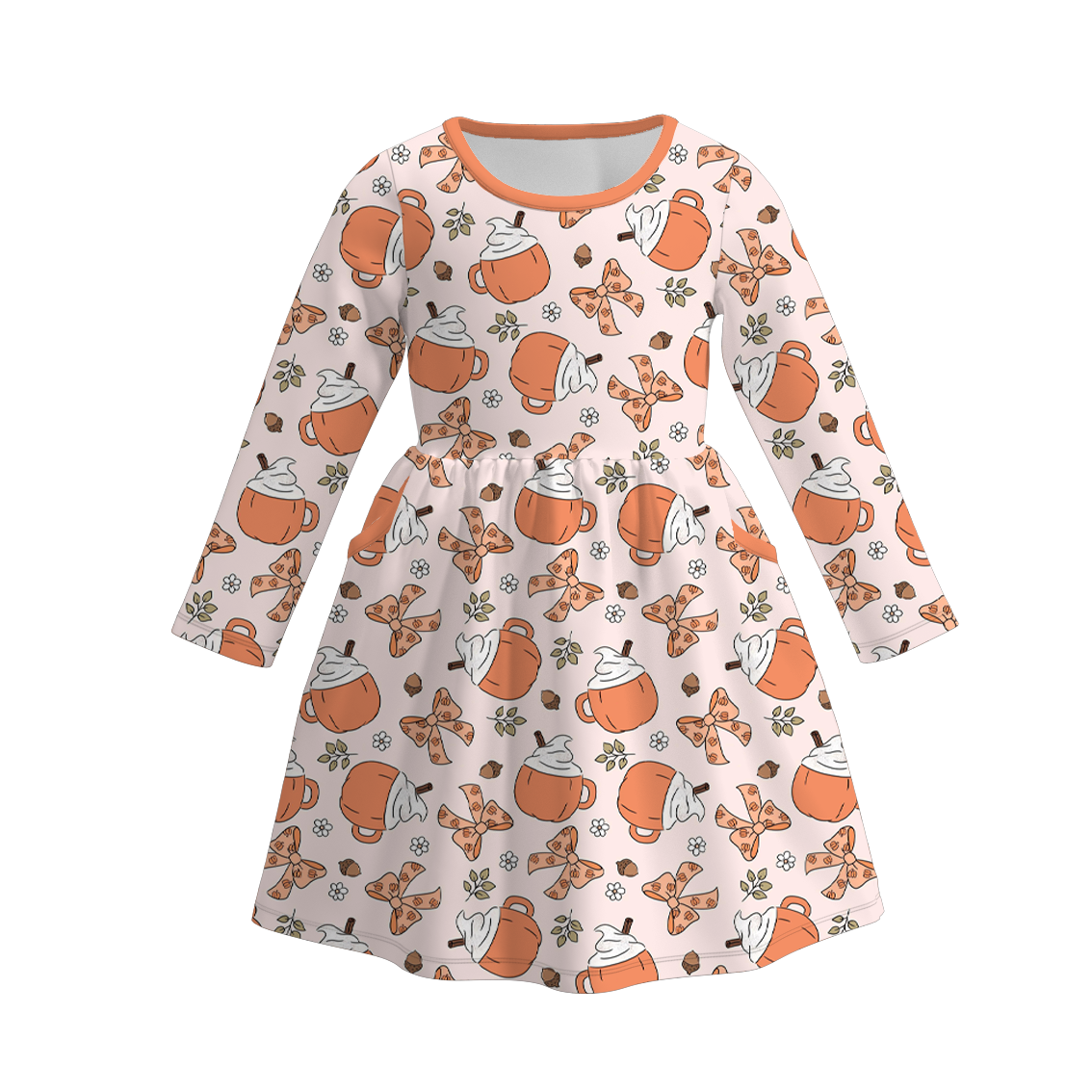 (Custom Design Preorder MOQ 5) Pumpkin Bows Print Girls Knee Length Fall Dress