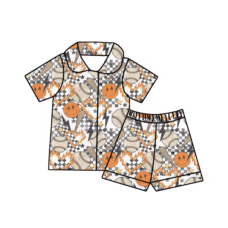 (Custom Design Preorder MOQ 5)  Baseball Smiling Face Print Boys Summer Pajamas Clothes Set