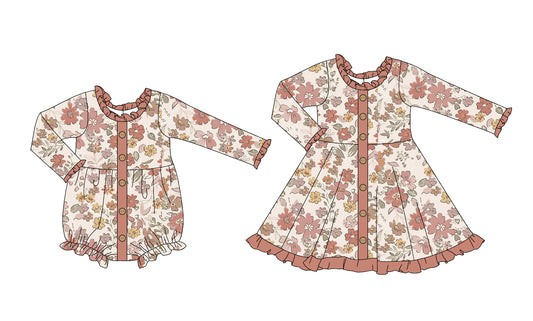 5.24(Custom Design Preorder MOQ 5 Each Design) Flowers Print Girls Fall Matching Clothes Sisters Wear