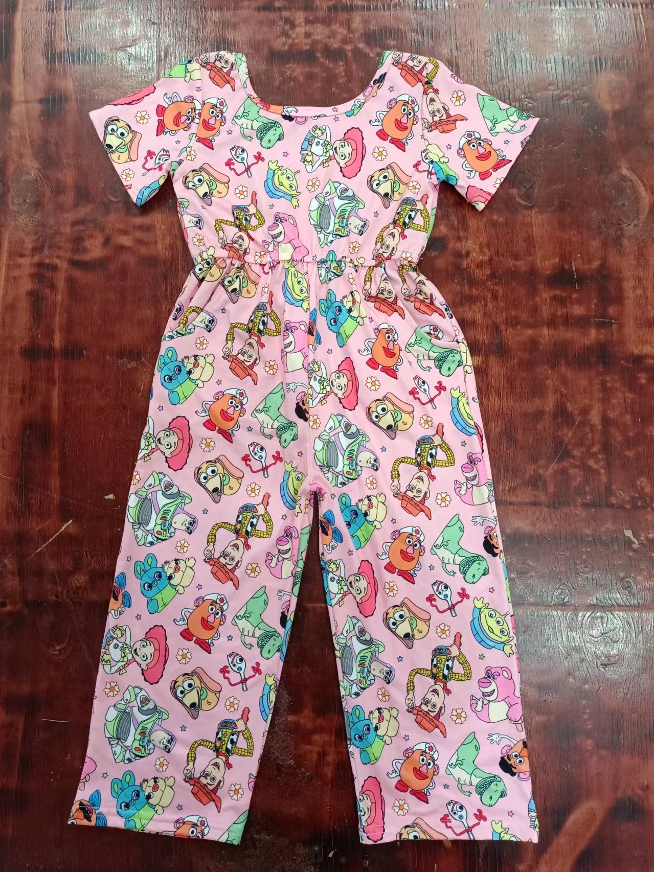 (Custom Design Preorder MOQ 5) Cartoon Toys Pink Print Girls Jumpsuits Baby Romper