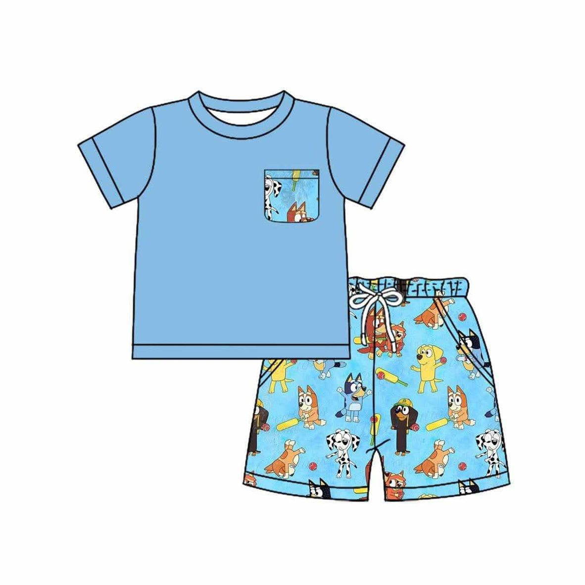 (Custom Design Preorder MOQ 5) Blue Pocket Top Cartoon Dog Shorts Boys Summer Clothes Set