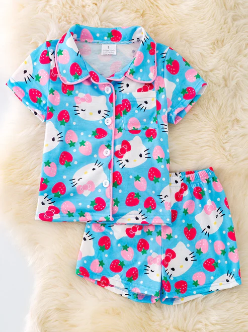 (Split Order Preorder) Deadline Feb.27 Cartoon Cats Bows Blue Print Girls Summer Pajamas Clothes Set