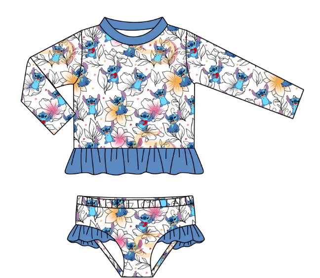 (Custom Design Preorder MOQ 5)  Cartoon Animals Print Girls 2 Pieces Long Sleeve Swimsuits