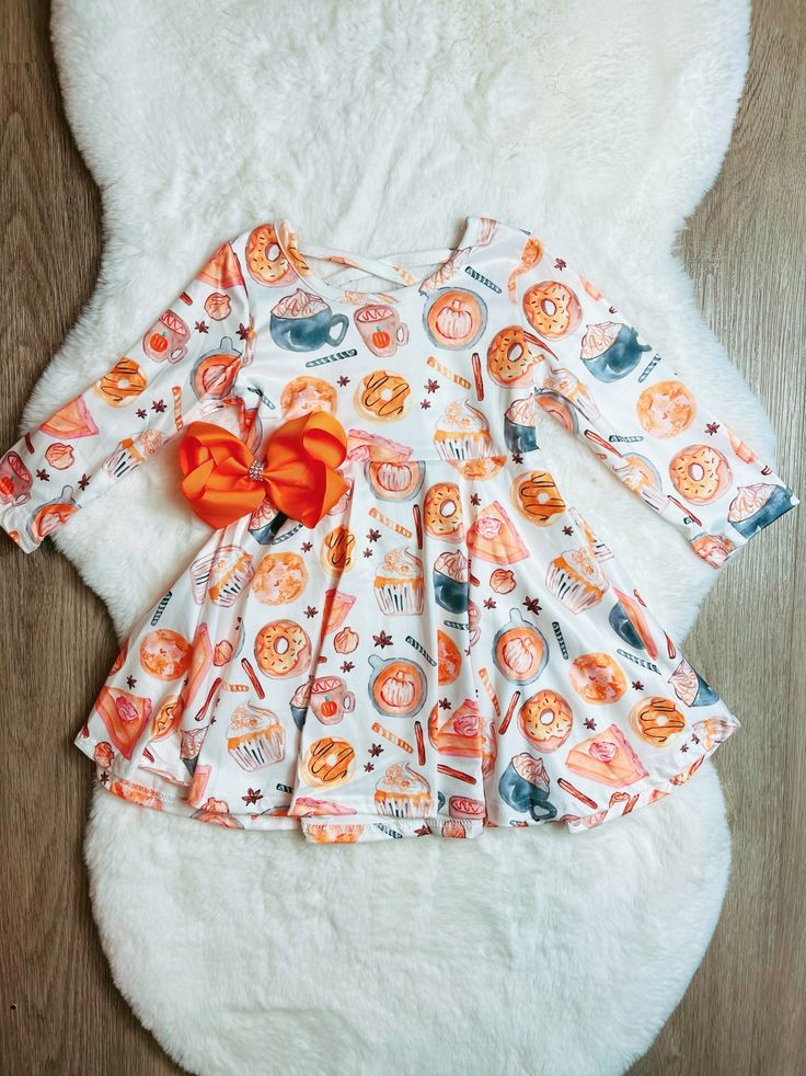 (Custom Design Preorder MOQ 5) Pumpkin Cake Print Girls Knee Length Fall Dress