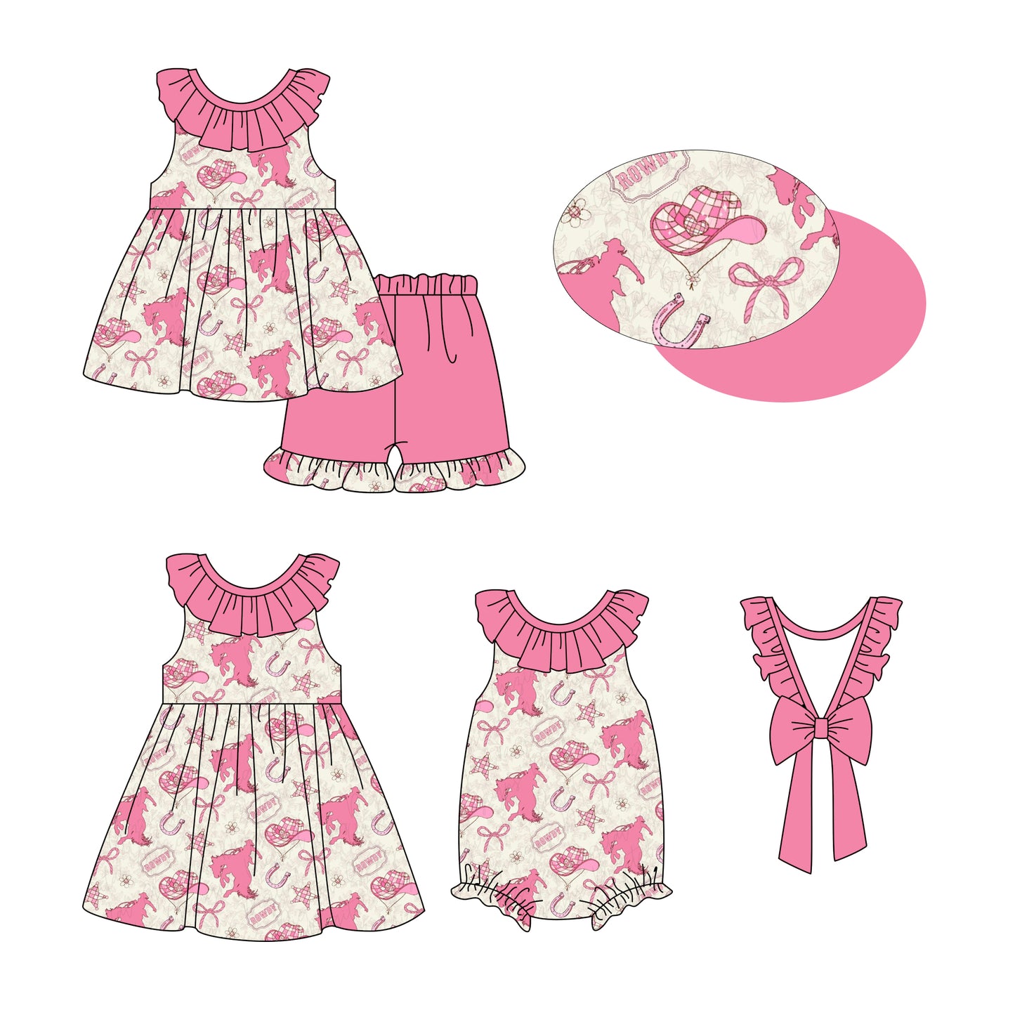 3.10(Custom Design Preorder MOQ 5 Each Design) Rodeo Bows Pink Print Girls Summer Matching Clothes Sisters Wear