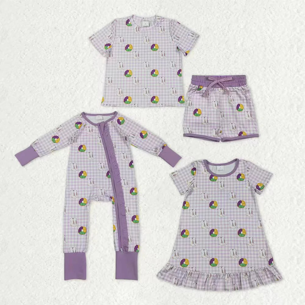 Donut Boots Purple Plaid Print Girls Mardi Gras Matching Clothes Sisters Wear