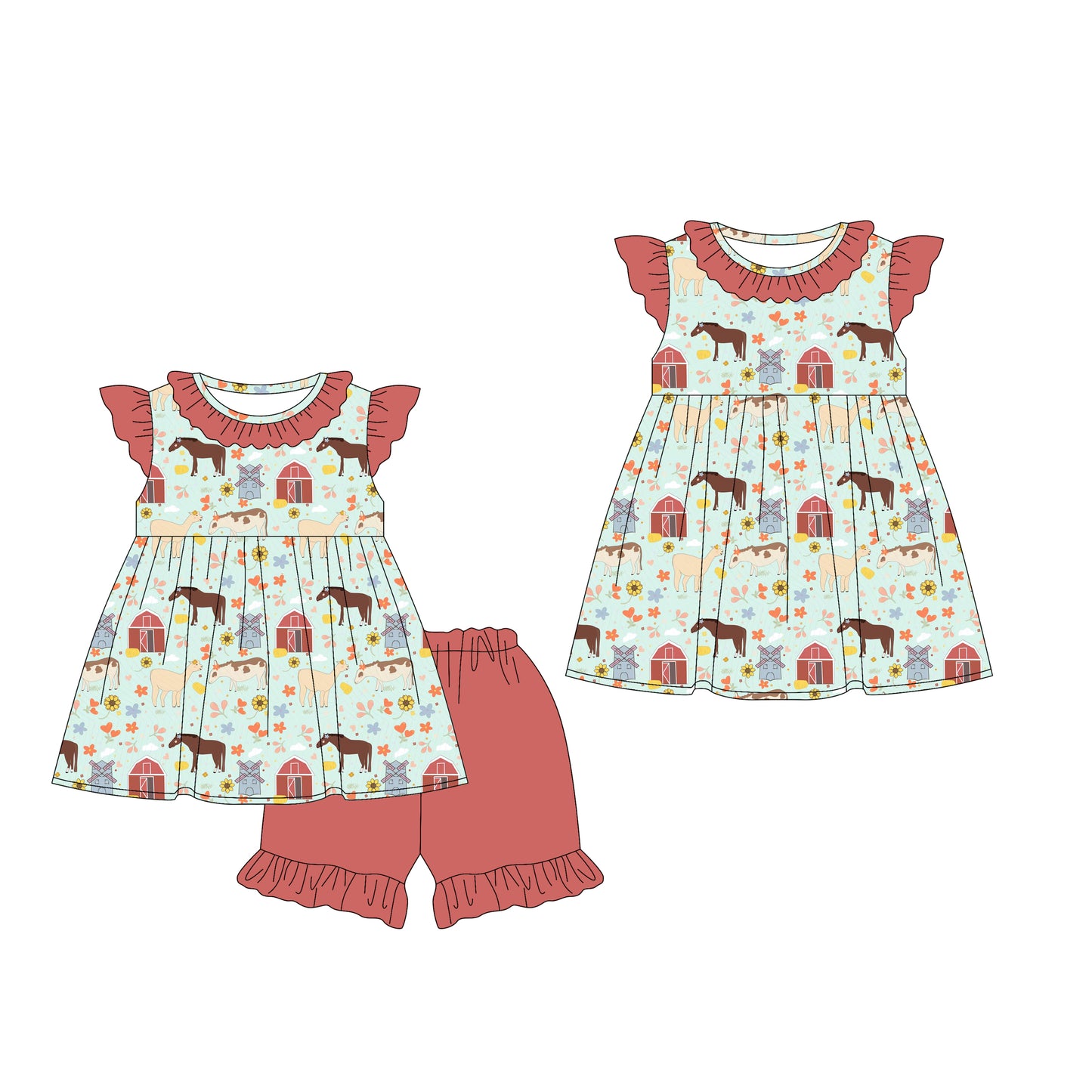 12.24 (Custom Design Preorder MOQ 5 Each Design) Farm Animals Flowers Print Girls Summer Matching Clothes Sisters Wear
