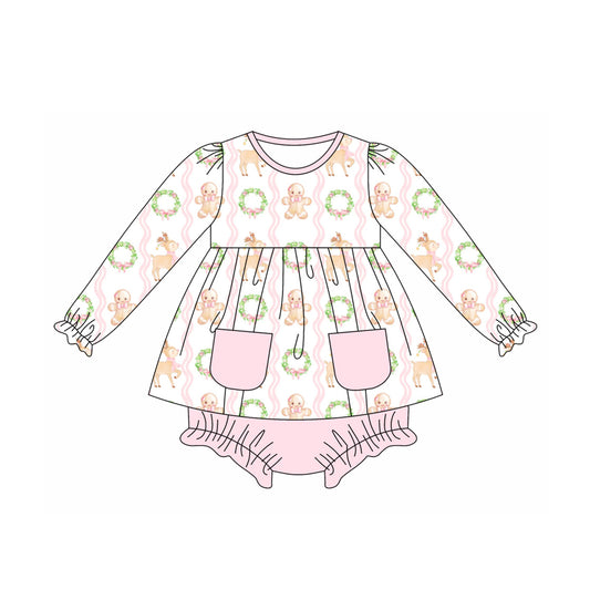 (Custom Design Preorder MOQ 5) Gingerbread Tunic Top Pink Shorts Baby Girls Christmas Bummie Sets