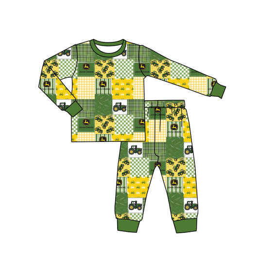 (Custom Design Preorder MOQ 5) Green Tractors Print Boys Bamboo Pajamas Clothes Set