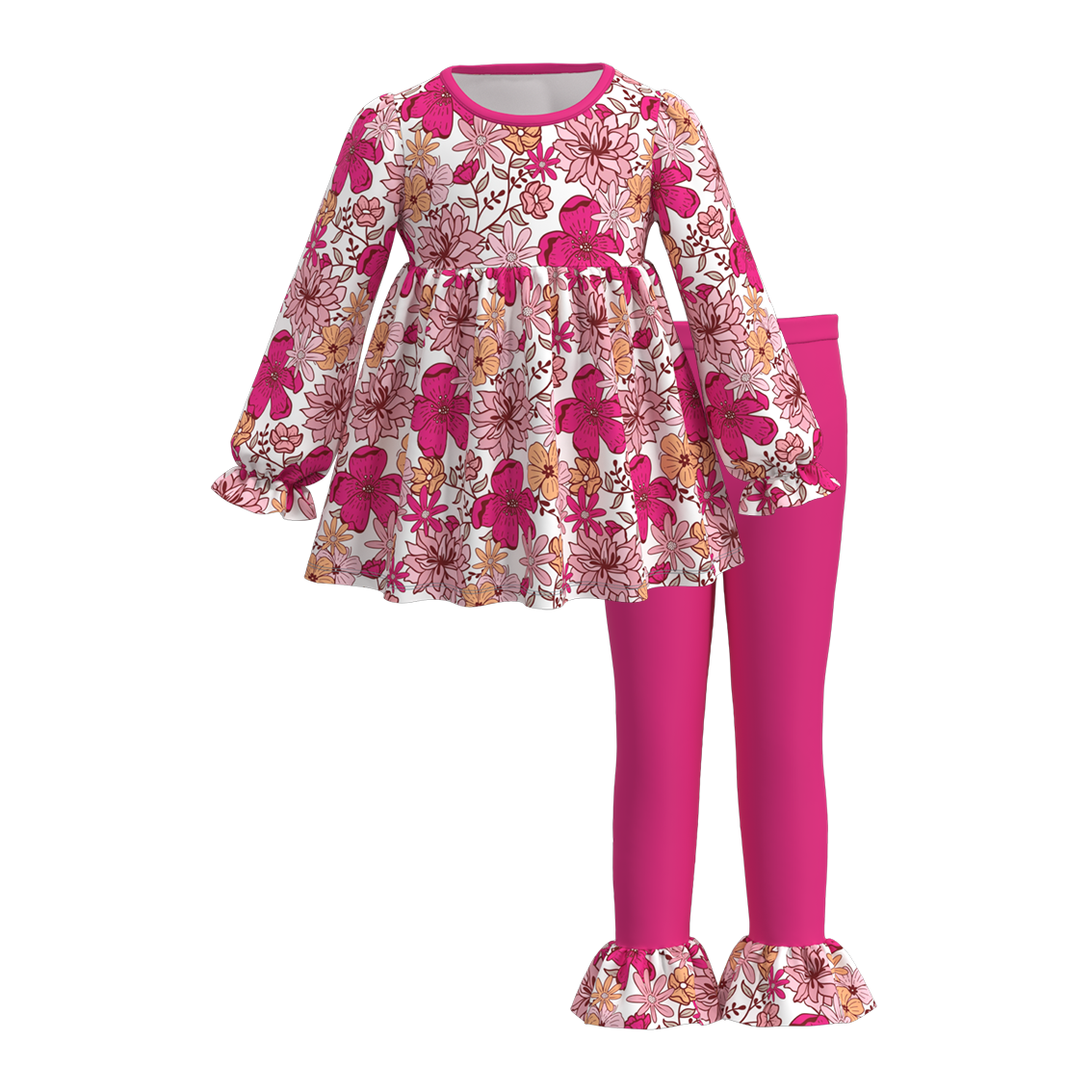 (Custom Design Preorder MOQ 5) Flowers Tunic Top Hotpink Pants Girls Fall Clothes Set