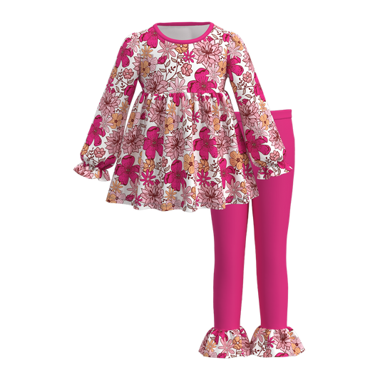 (Custom Design Preorder MOQ 5) Flowers Tunic Top Hotpink Pants Girls Fall Clothes Set