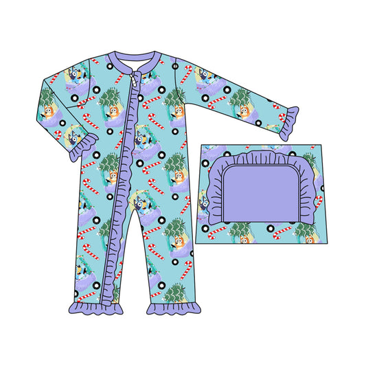 (Custom Design Preorder MOQ 5)  Cartoon Dog Blue Print Baby Girls Bamboo Christmas Sleeper Zipper Romper