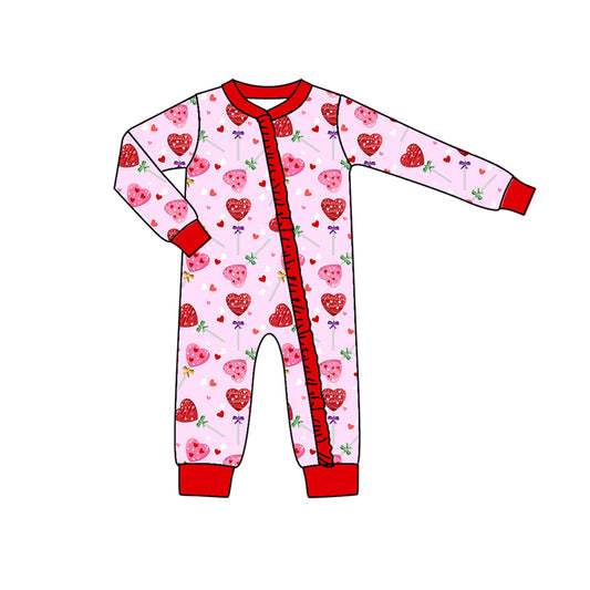 (Custom Design Preorder MOQ 5)  Heart Lollipop Baby Girls Valentine's Sleeper Zipper Romper