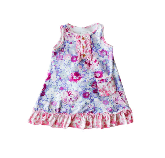 (Custom Design Preorder MOQ 5) Purple Flowers Print Girls Knee Length Summer Dress