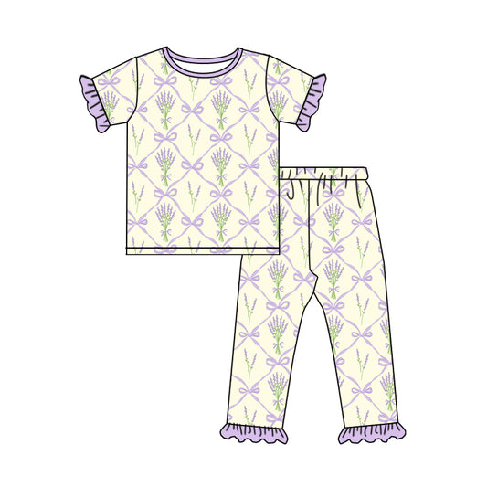 (Custom Design Preorder MOQ 5) Lavender Bows Print Girls Bamboo Pajamas Clothes Set