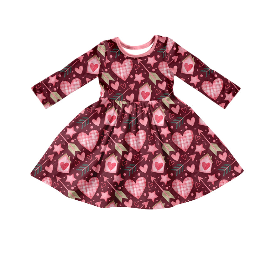 (Custom Design Preorder MOQ 5) Arrow Heart Print Girls Knee Length Valentine's Dress