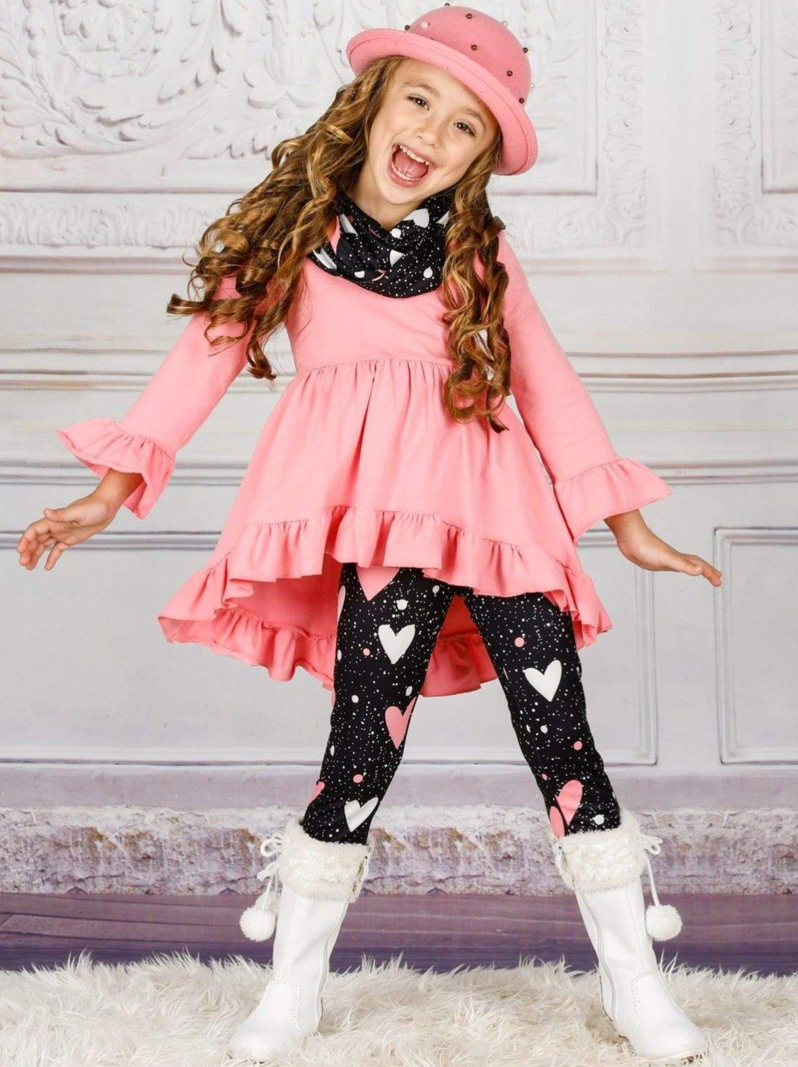 (Custom Design MOQ 5)  Pink Tunic Top Heart Legging Pants Girls 3 Pieces Valentine's Clothes set