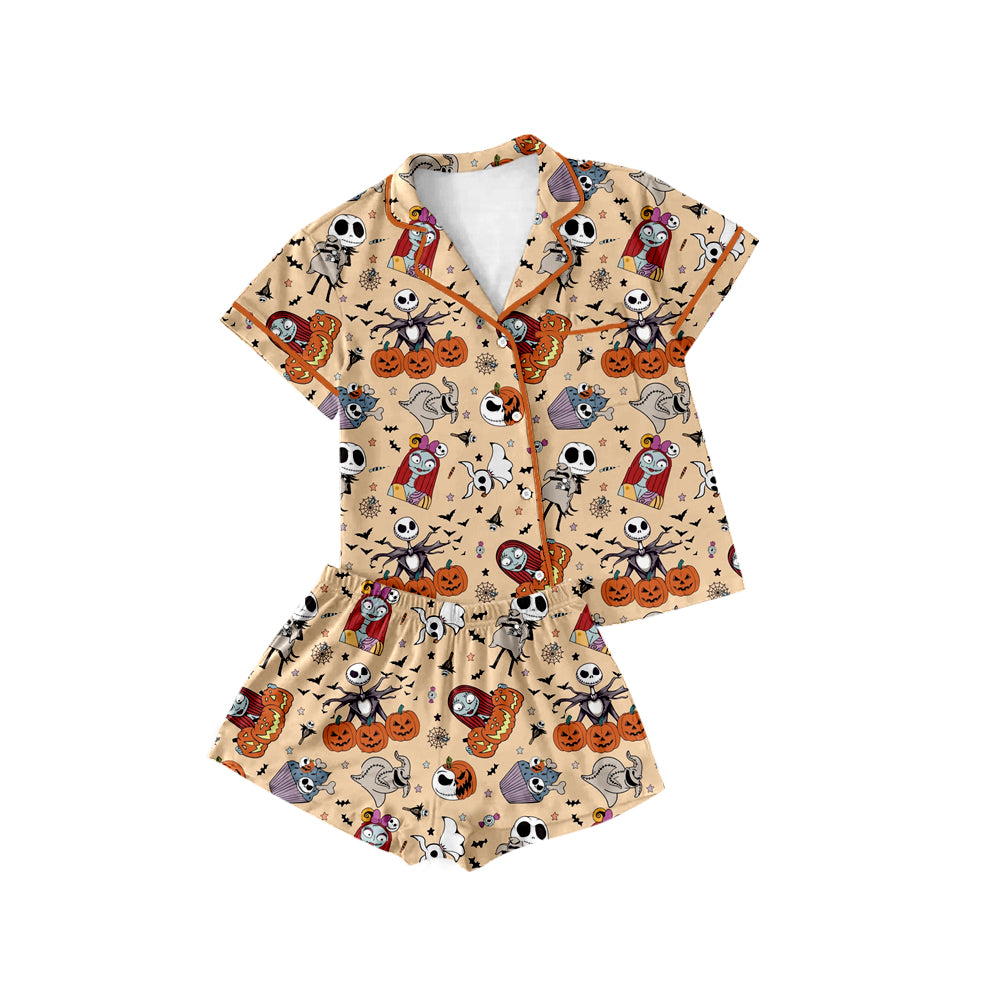 (Custom Design Preorder MOQ 5 Each Design) Movie Characters Pumpkin Print Halloween Buttons Pajamas Sets Mom and Me Matching Clothes