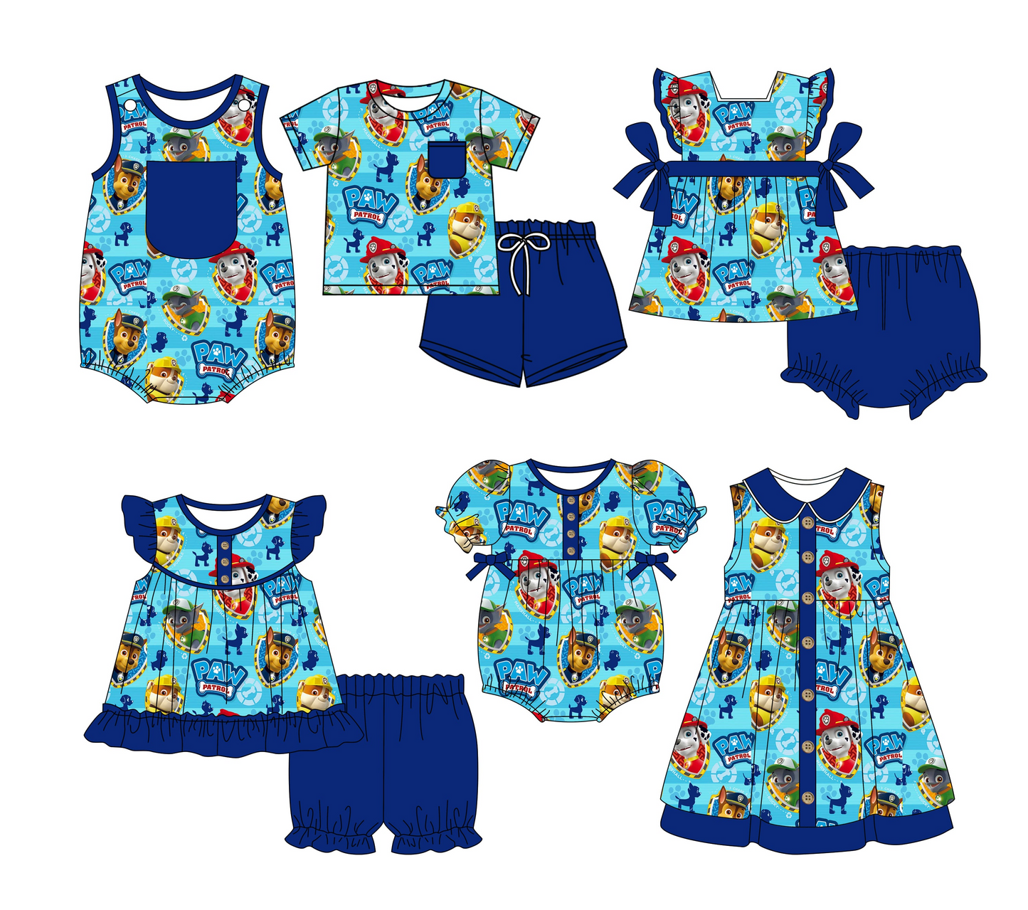 3.3(Custom Design Preorder MOQ 5 Each Design) Cartoon Dog Paw Blue Print Kids Summer Matching Clothes Sibling Wear