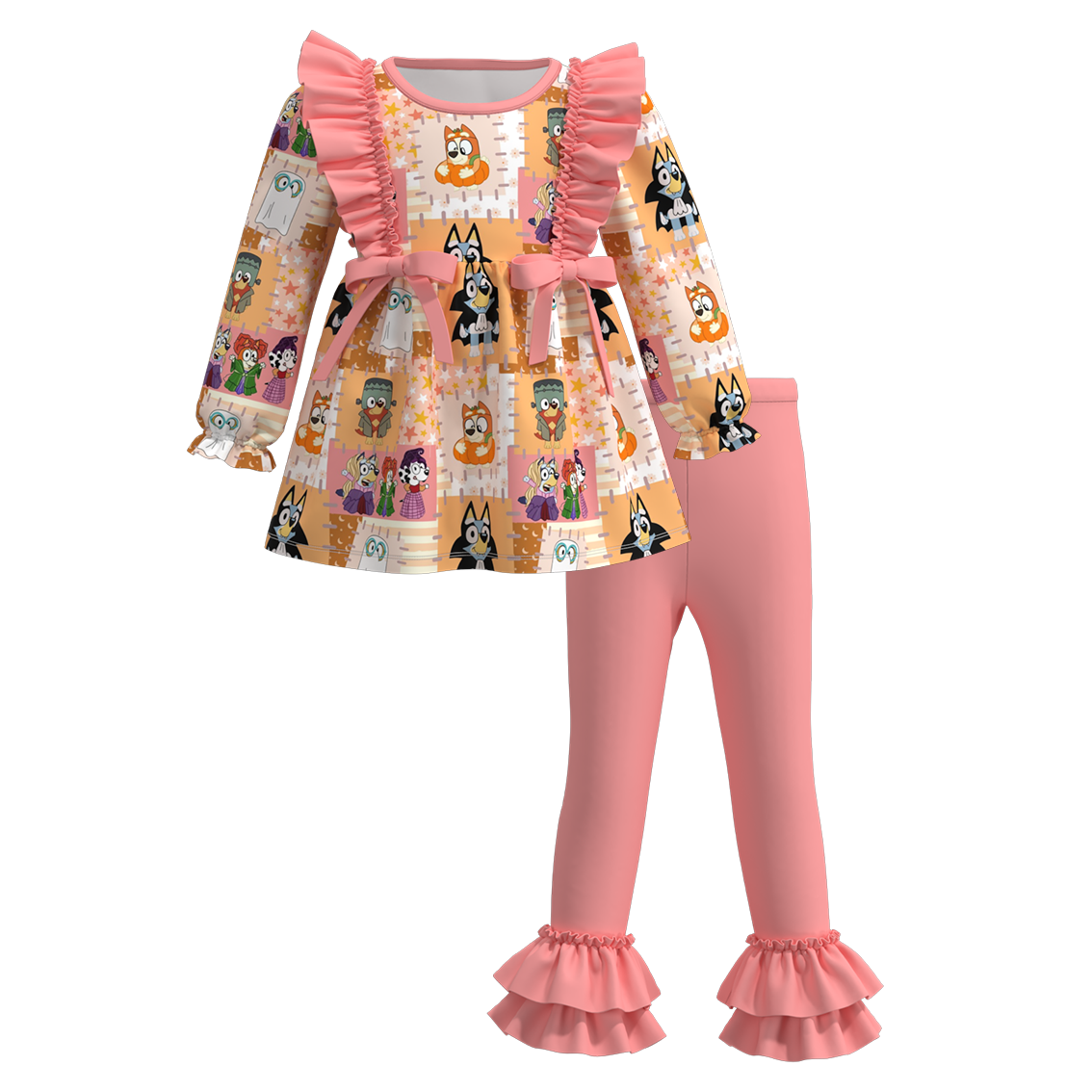 (Custom Design Preorder MOQ 5)  Cartoon Dog Pumpkin Tunic Top Pink Pants Girls Halloween Clothes Set