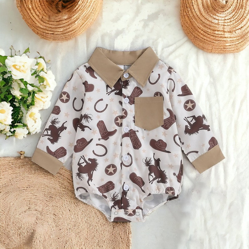 (Custom Design Preorder MOQ 5) Rodeo Boots Print Baby Boys Western Fall Pocket Romper