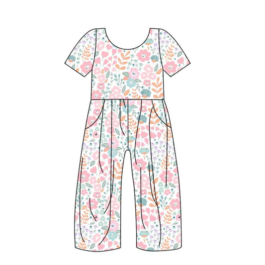 (Custom Design Preorder MOQ 5) Pink Flowers Leaf Print Girls Pockets Jumpsuits