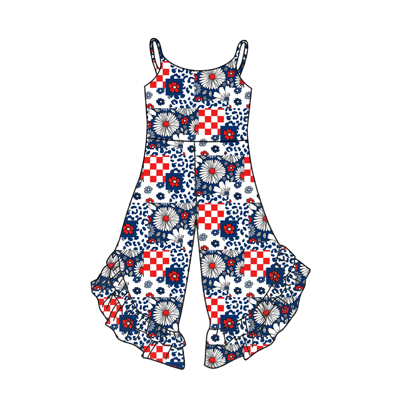2.22(Custom Design Preorder MOQ 5) Red Navy Flowers Print Girls 4th of July Jumpsuits