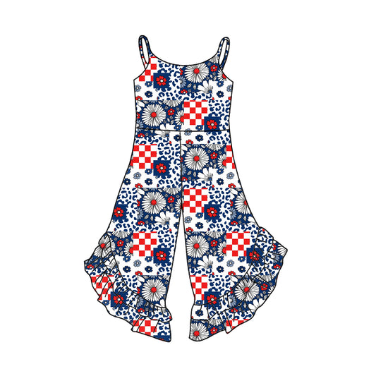 2.22(Custom Design Preorder MOQ 5) Red Navy Flowers Print Girls 4th of July Jumpsuits