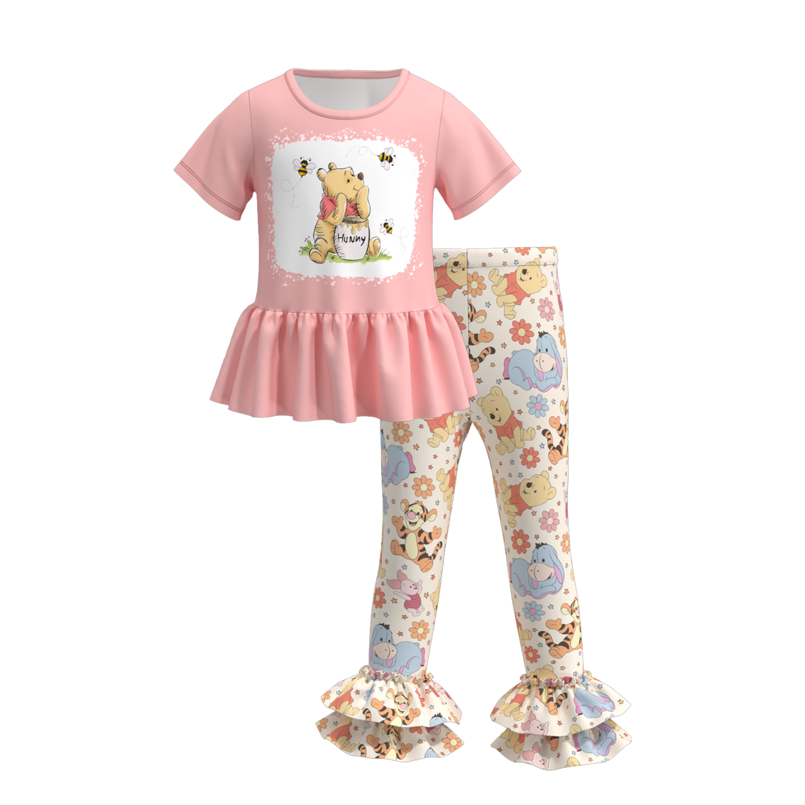 (Custom Design Preorder MOQ 5) Cartoon Bear Pink Top Ruffle Pants Girls Clothes Set