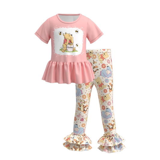 (Custom Design Preorder MOQ 5) Cartoon Bear Pink Top Ruffle Pants Girls Clothes Set